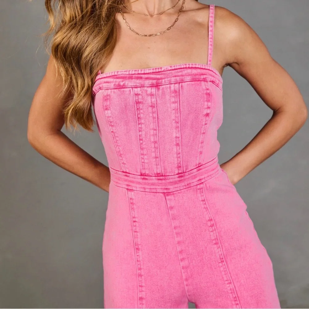 Vici Vibrant Pink Denim Jumpsuit - Picture 4 of 10